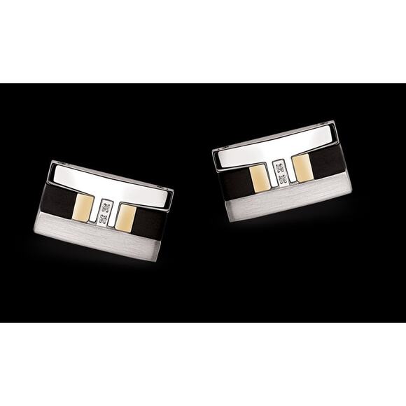 Vintage Rectangle Diamond Polished Stainless Steel Titanium 18k Gold Cufflinks - Picture 5 of 12